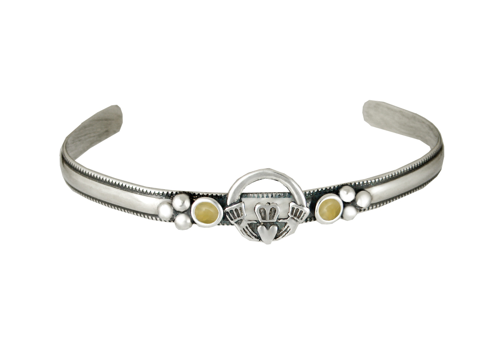 Sterling Silver Claddagh Cuff Bracelet With Yellow Aragonite